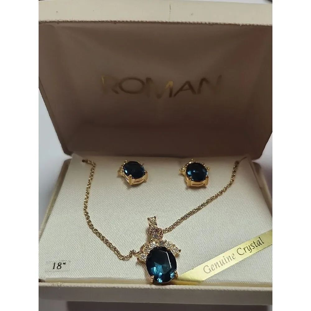 Roman Gold Necklace and Stud Earring Set with Deep Blue Crystals